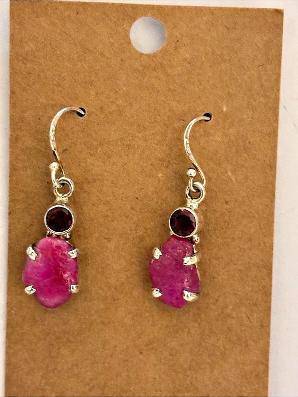 Raw Ruby and Garnet Gemstone Drop Earrings Set in .925